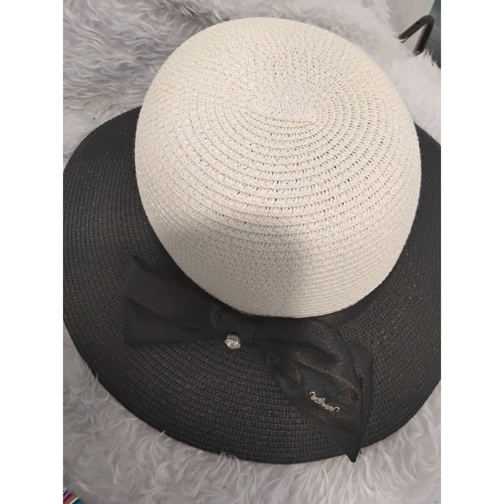Womens‎ Two Tone Straw Sun Hat Black White Wide Brim Bow Rhinestone CPB-945